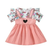 JSCDRPDWL Flower Girl Dress Toddler Girls Easter Ruffles Short Sleeve Cartoon Rabbit Printed Princess Dress Clothes Vestidos Para Niñas Pink 3-6 Months